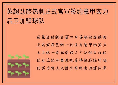 英超劲旅热刺正式官宣签约意甲实力后卫加盟球队
